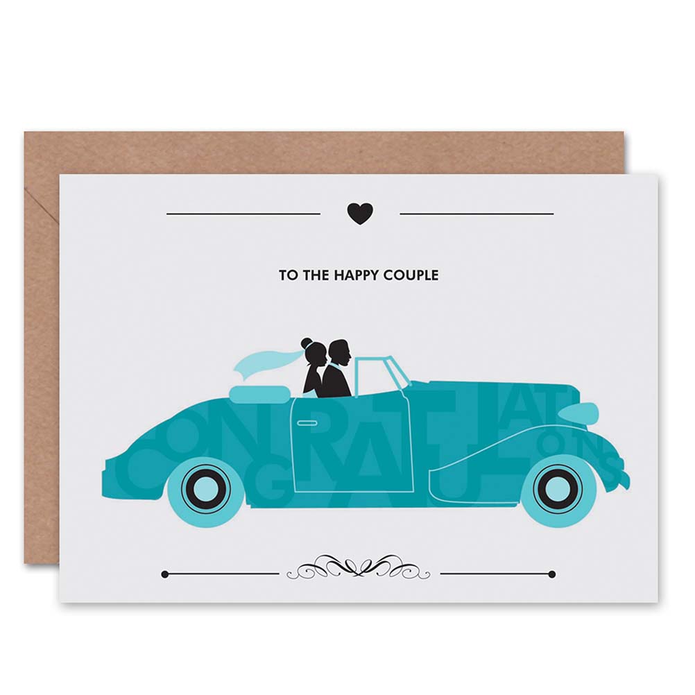 Wedding Card Happy Couple Bride Groom Motor Car