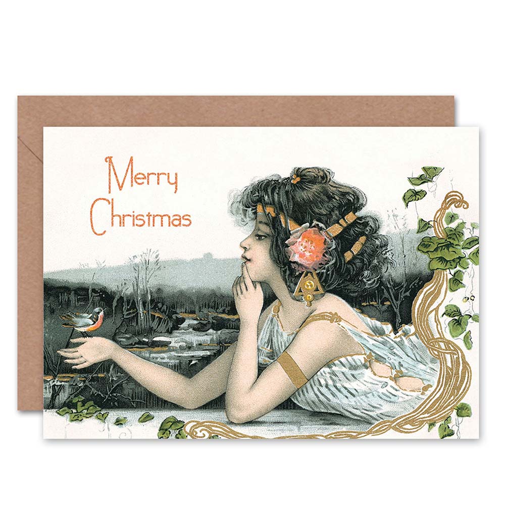 Art Nouveau Girl with Bird Merry Christmas Card