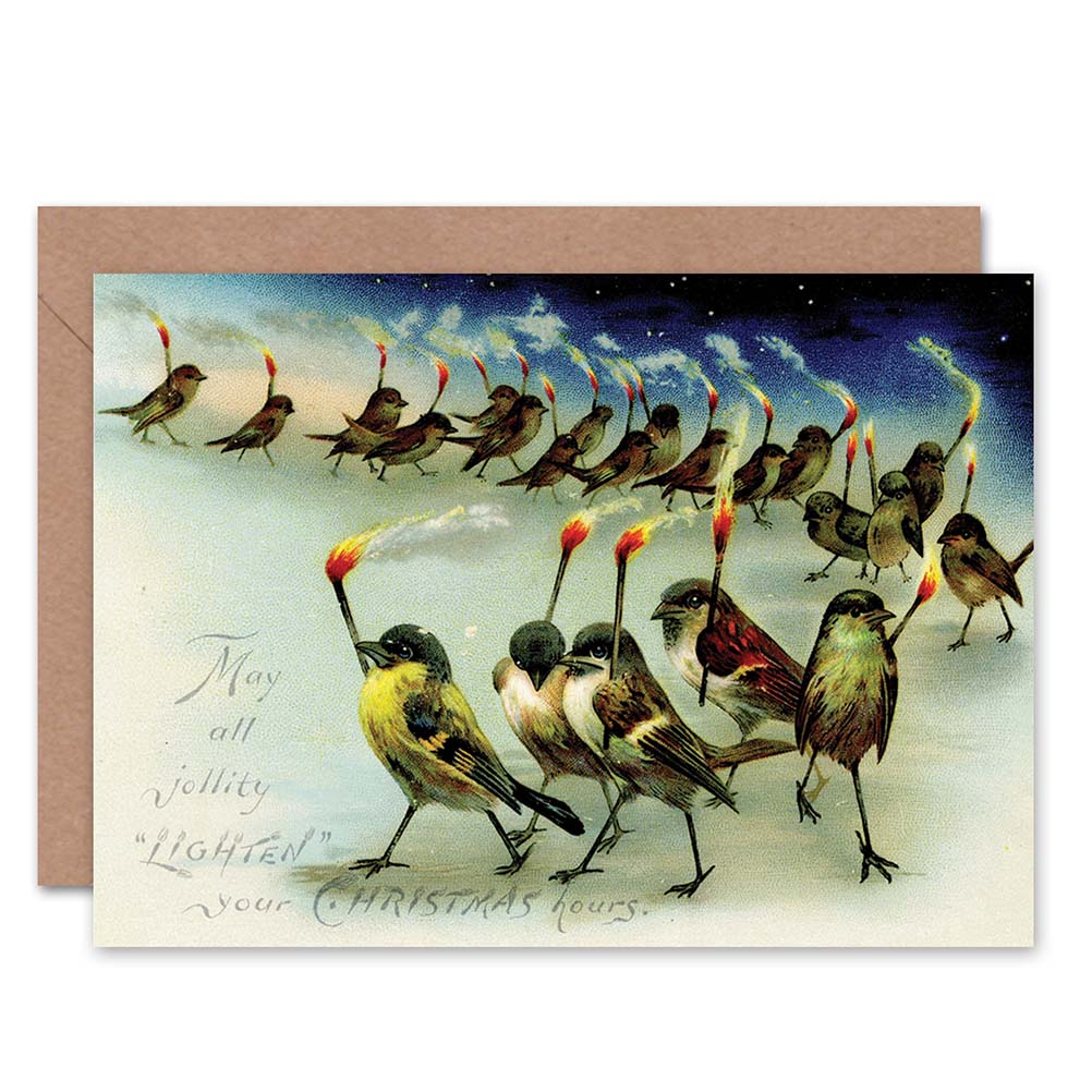 Vintage Xmas Birds Matches Jollity Funny Christmas Card