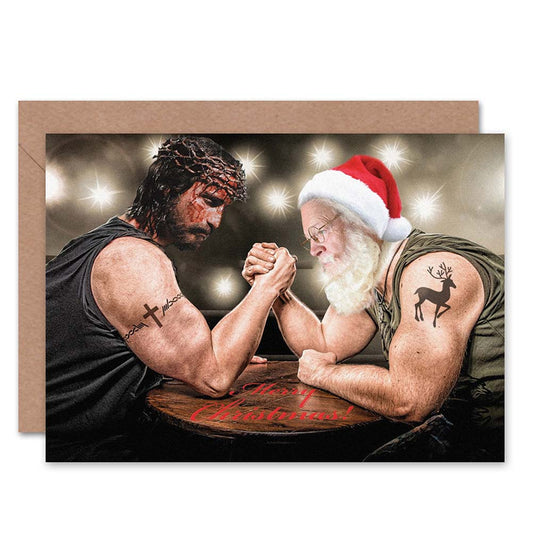 Jesus Versus Santa Arm Wrestle Funny Christmas Card