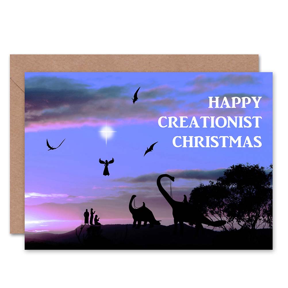 Dinosaurs Angels Happy Creationist Christmas Card