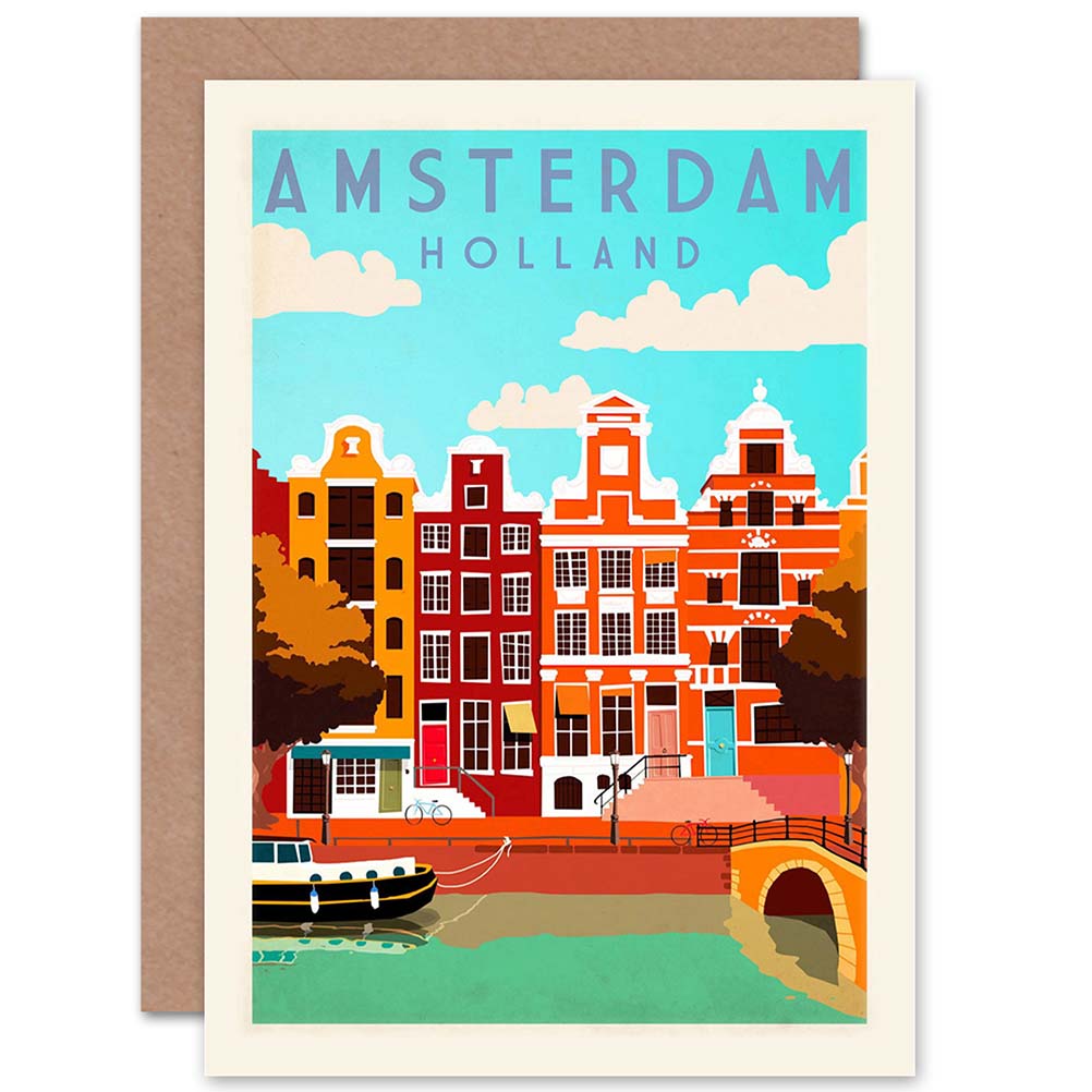 Holland Amsterdam Canal Barge Colourful Greeting Card