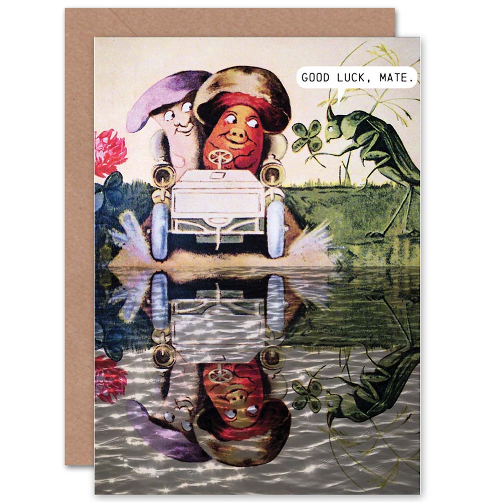 Mushroom Car Ride Grasshopper Clover Trippy Good Luck Card