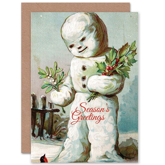 Season's Greetings Holly Mistletoe Snowman Christmas Card