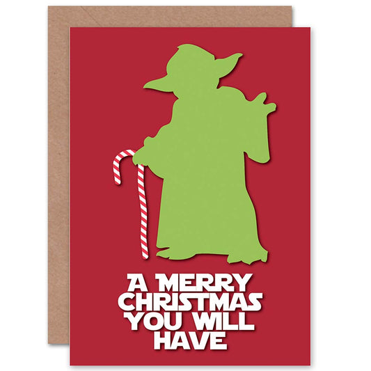 Candy Cane Jedi Master Silhouette Funny Christmas Card