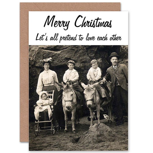 Pretend Love Family Photo with Donkey Funny Christmas Card