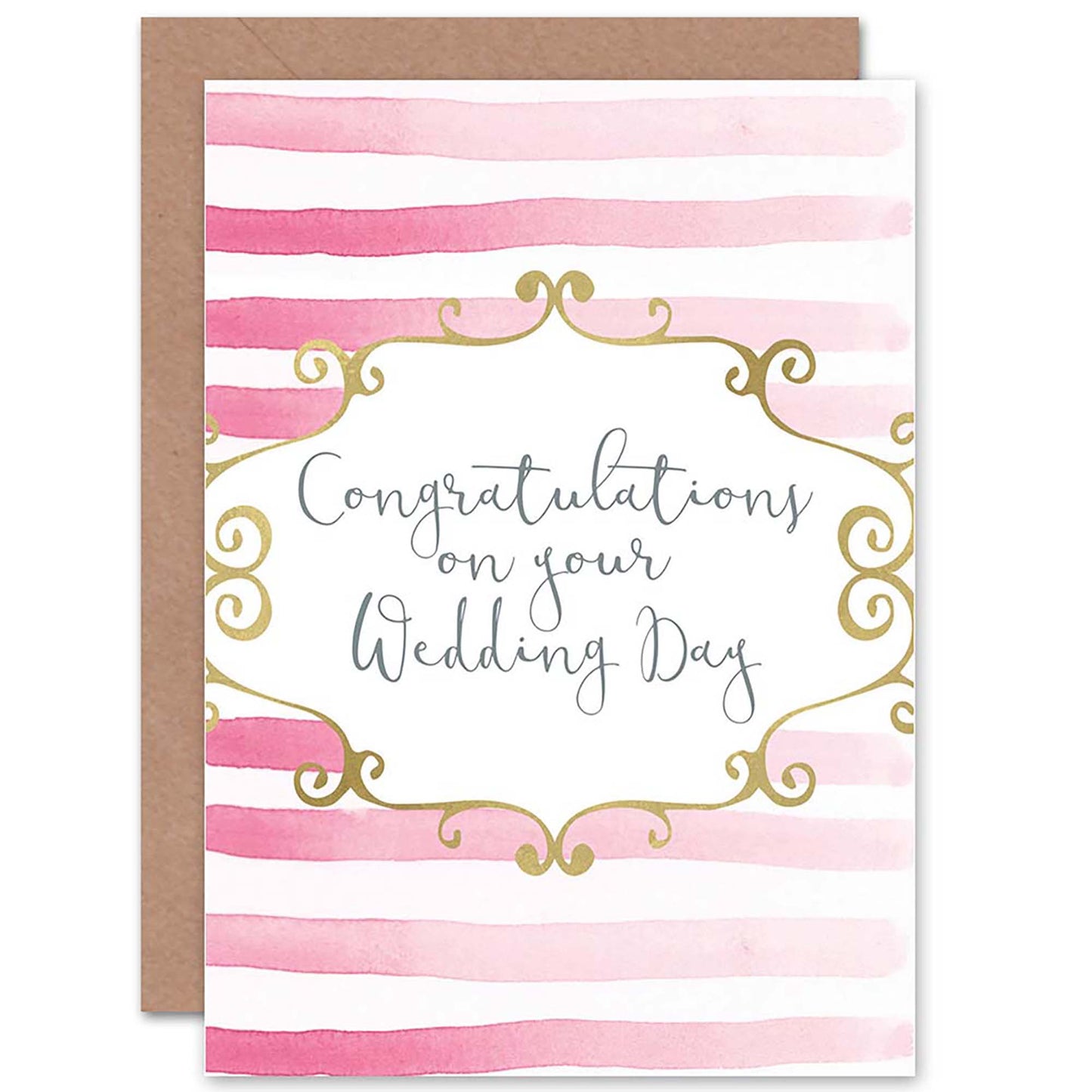 Pink Stripes Simple Gold Filigree Frame Congratulations Card