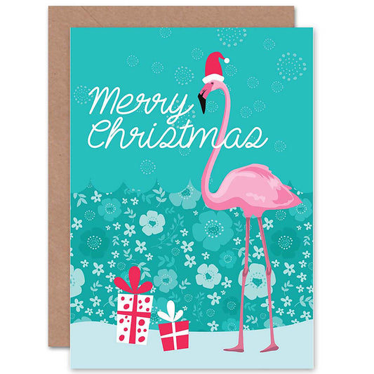 Santa Hat Flamingo Bird With Xmas Presents Christmas Card