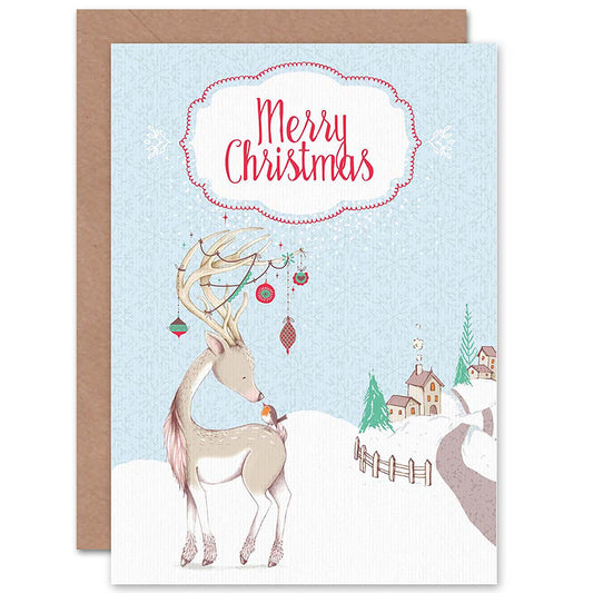 Robin Snow Scene Reindeer Merry Christmas Card