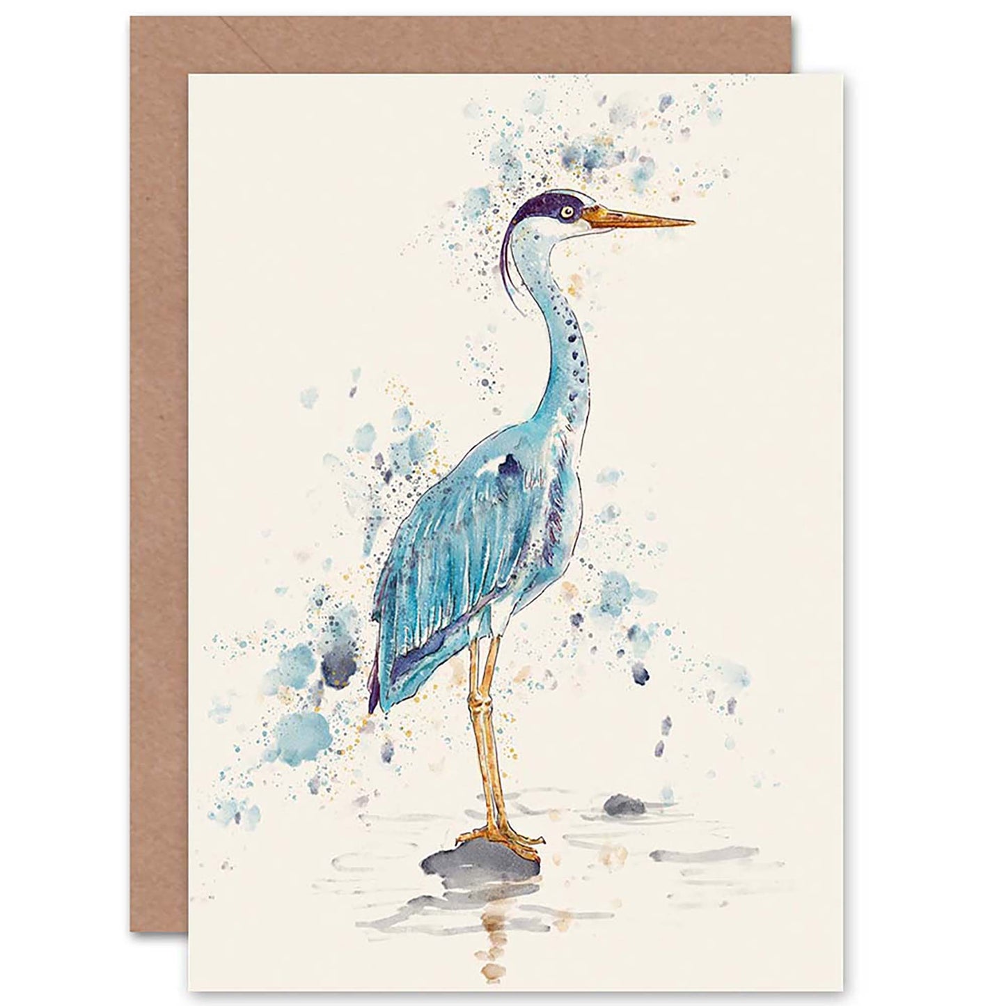 Heron Bird Watercolour Paint Splat Animal Greetings Card