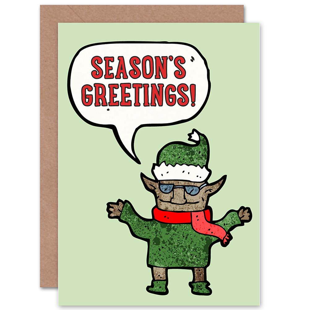 Cool Elf Cartoon Seasons Greetings Christmas Card