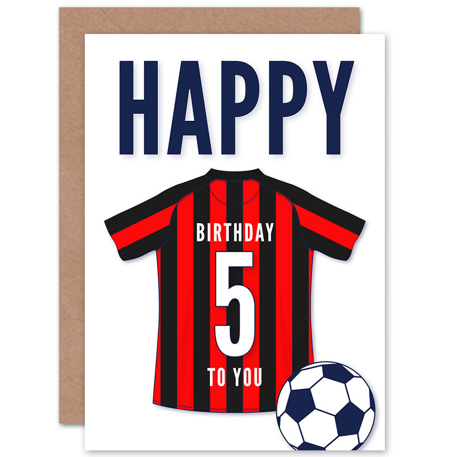 Black Red Striped Football Strip Kit Jersey Age Birthday Card