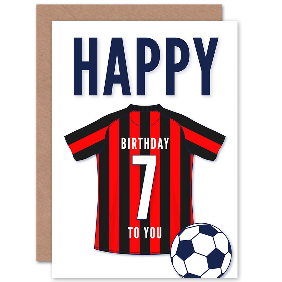 Black Red Striped Football Strip Kit Jersey Age Birthday Card