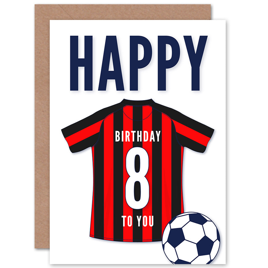 Black Red Striped Football Strip Kit Jersey Age Birthday Card