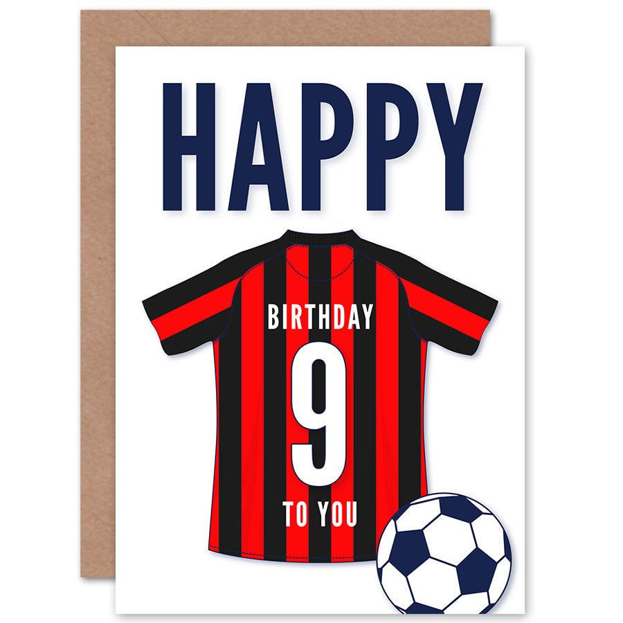 Black Red Striped Football Strip Kit Jersey Age Birthday Card