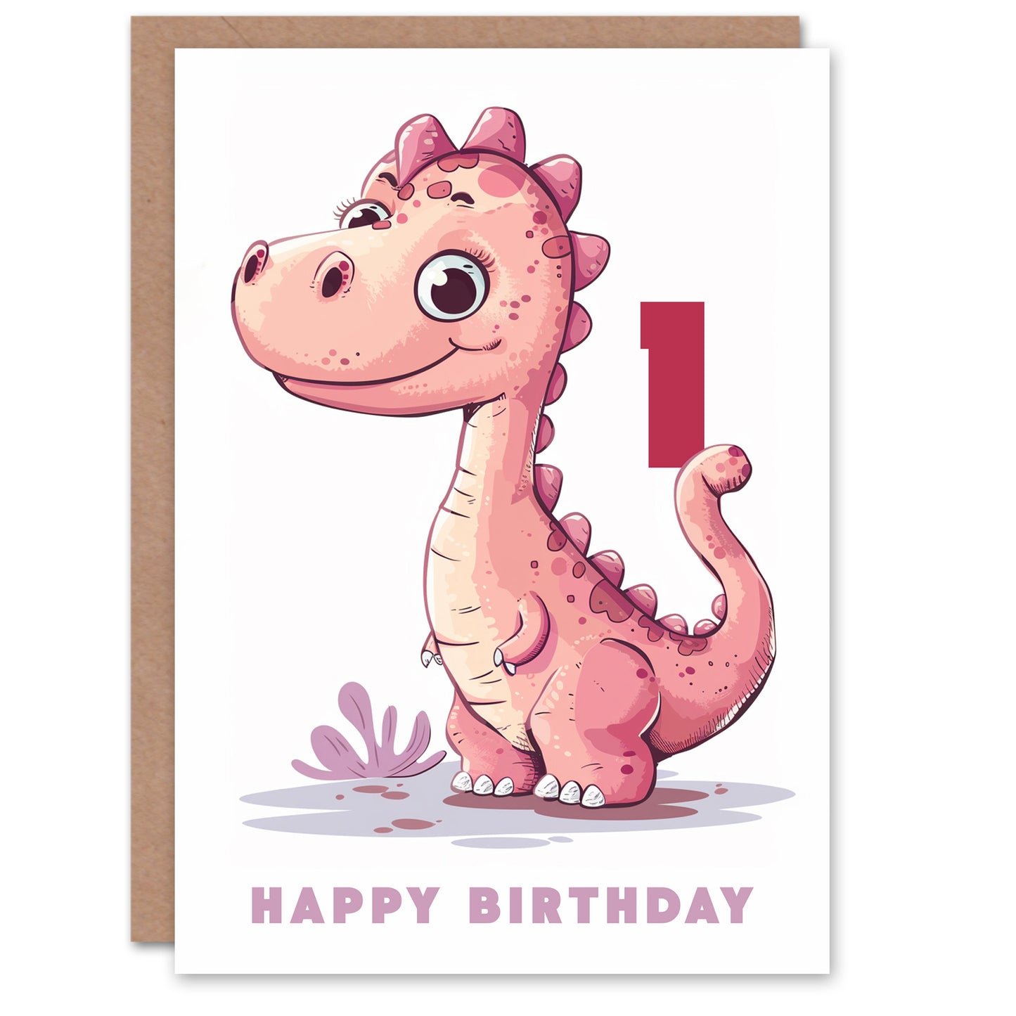 Cute Pink Baby Dinosaur Cartoon Kids Birthday Card