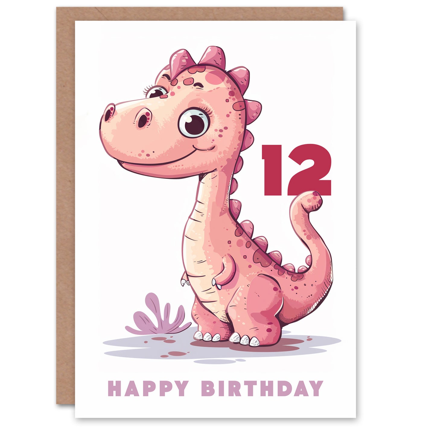 Cute Pink Baby Dinosaur Cartoon Kids Birthday Card