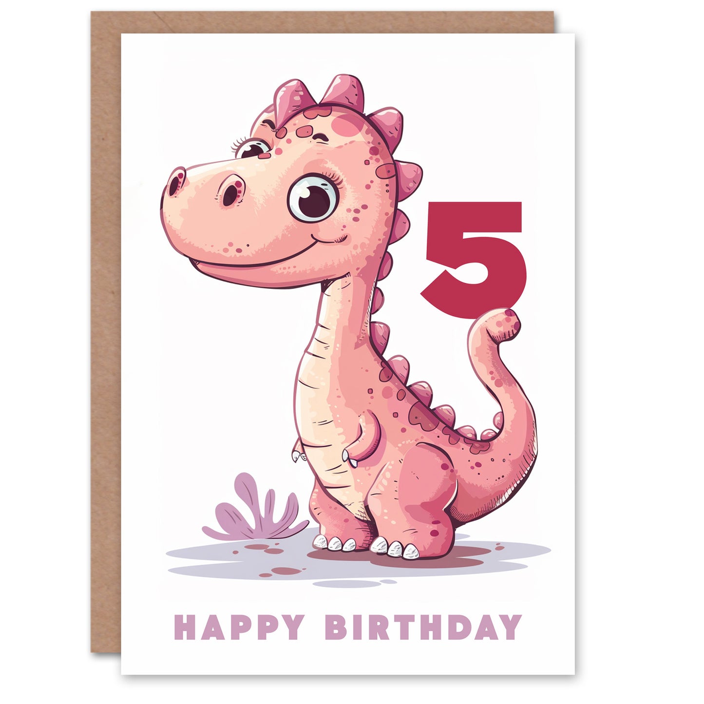 Cute Pink Baby Dinosaur Cartoon Kids Birthday Card