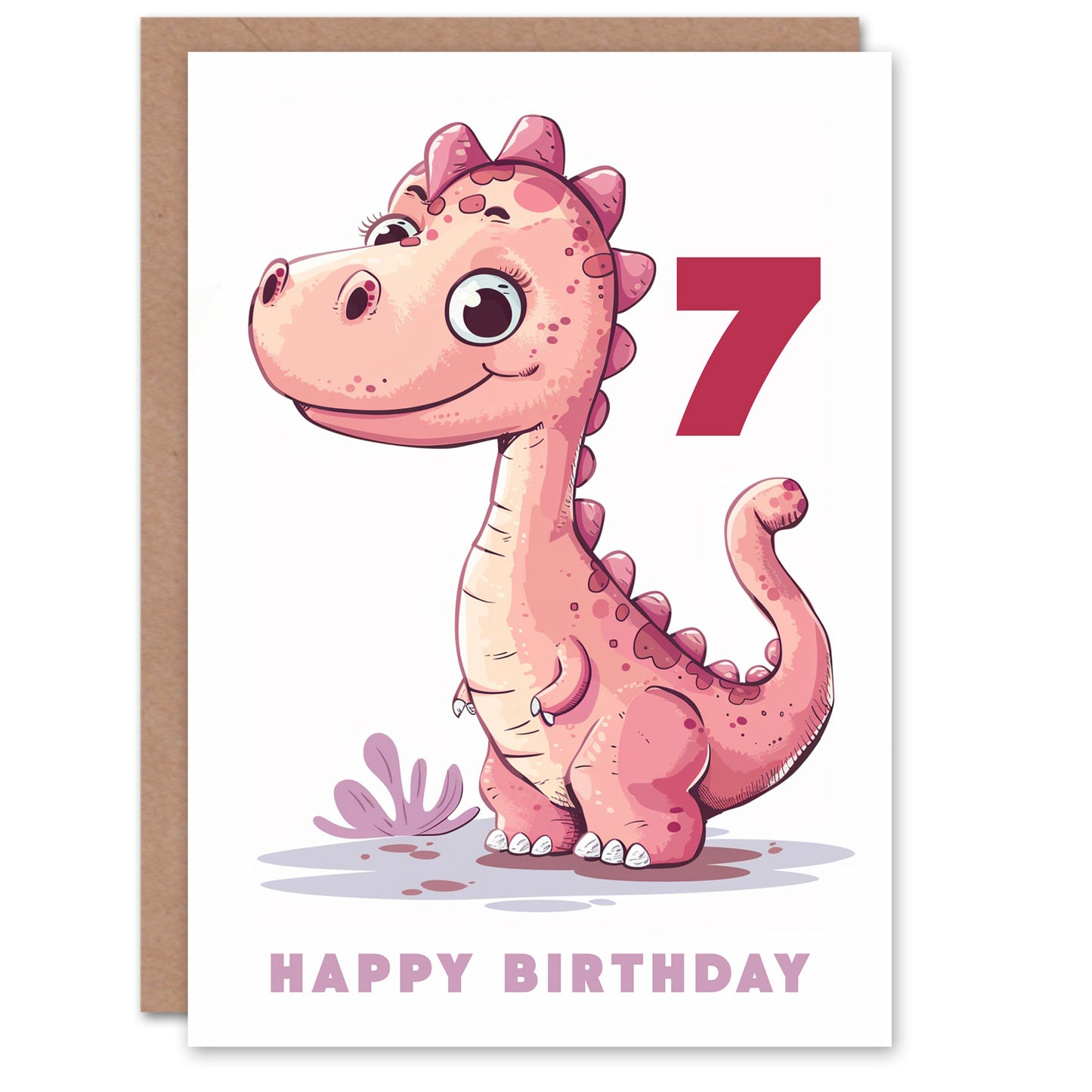 Cute Pink Baby Dinosaur Cartoon Kids Birthday Card