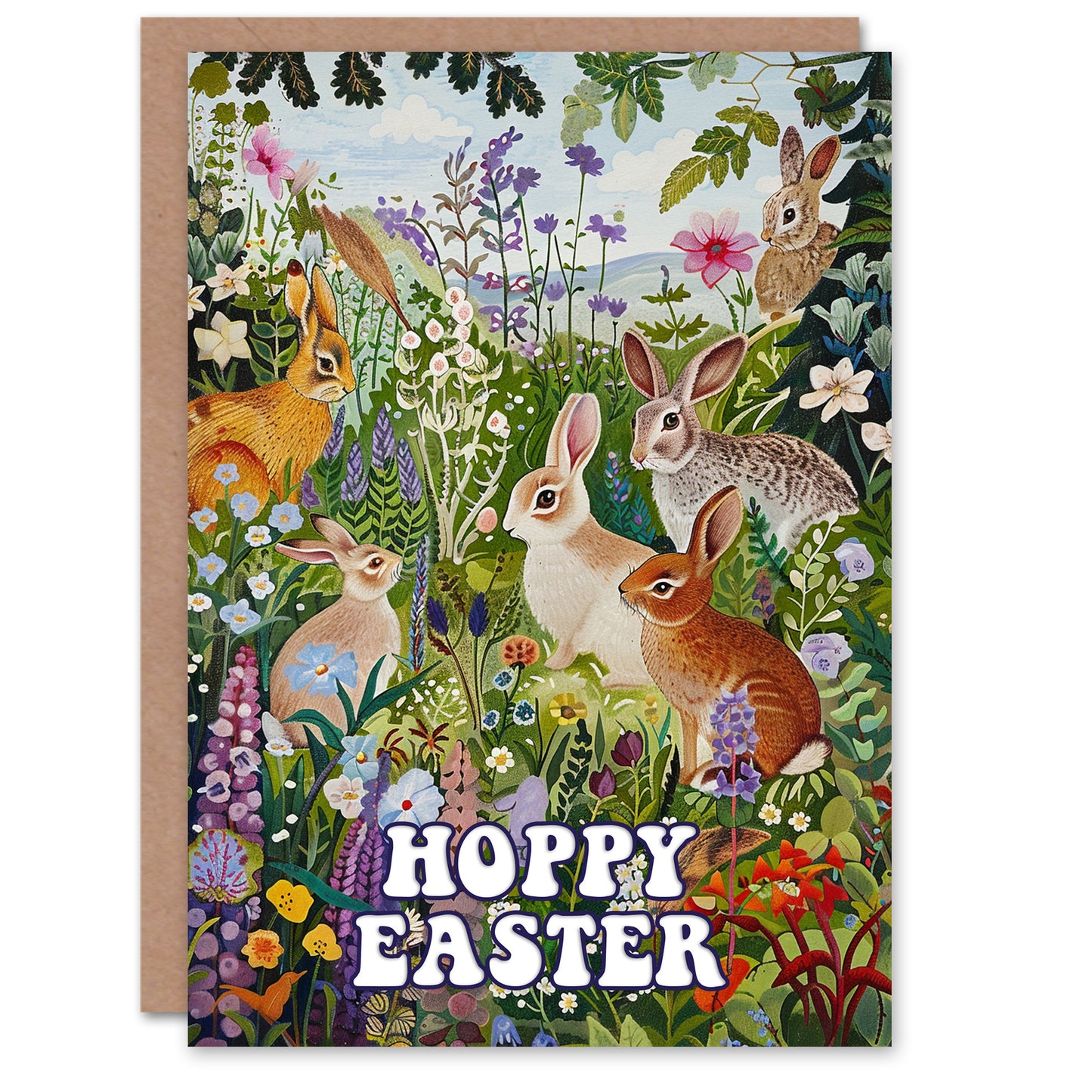 Hoppy Cute Bunny Rabbits Flower Meadow Easter Card