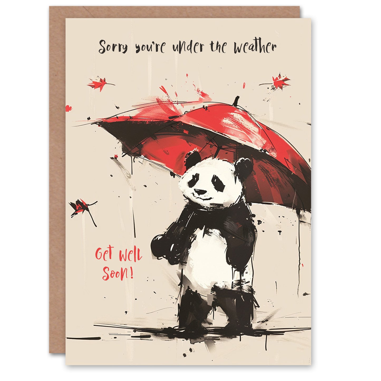 Cute Red Umbrella Autumn Weather Woman Panda Get Well Card