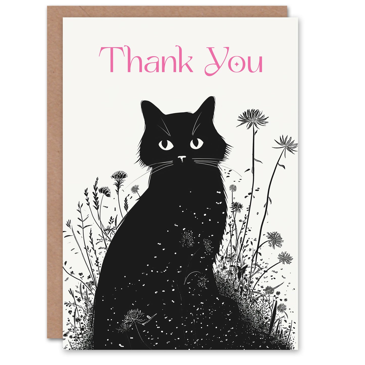 Silhouette Cat in Wildflowers Thank You Greetings Card