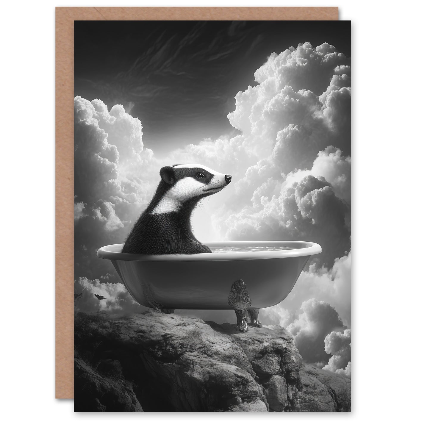 Badger In Bathtub On A Mountain Cliff Black White Greeting Card
