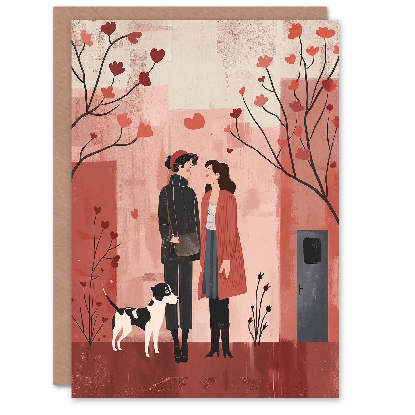 Lgbtq Couple on Romantic Walk With Pet Dog Valentine's Day Card