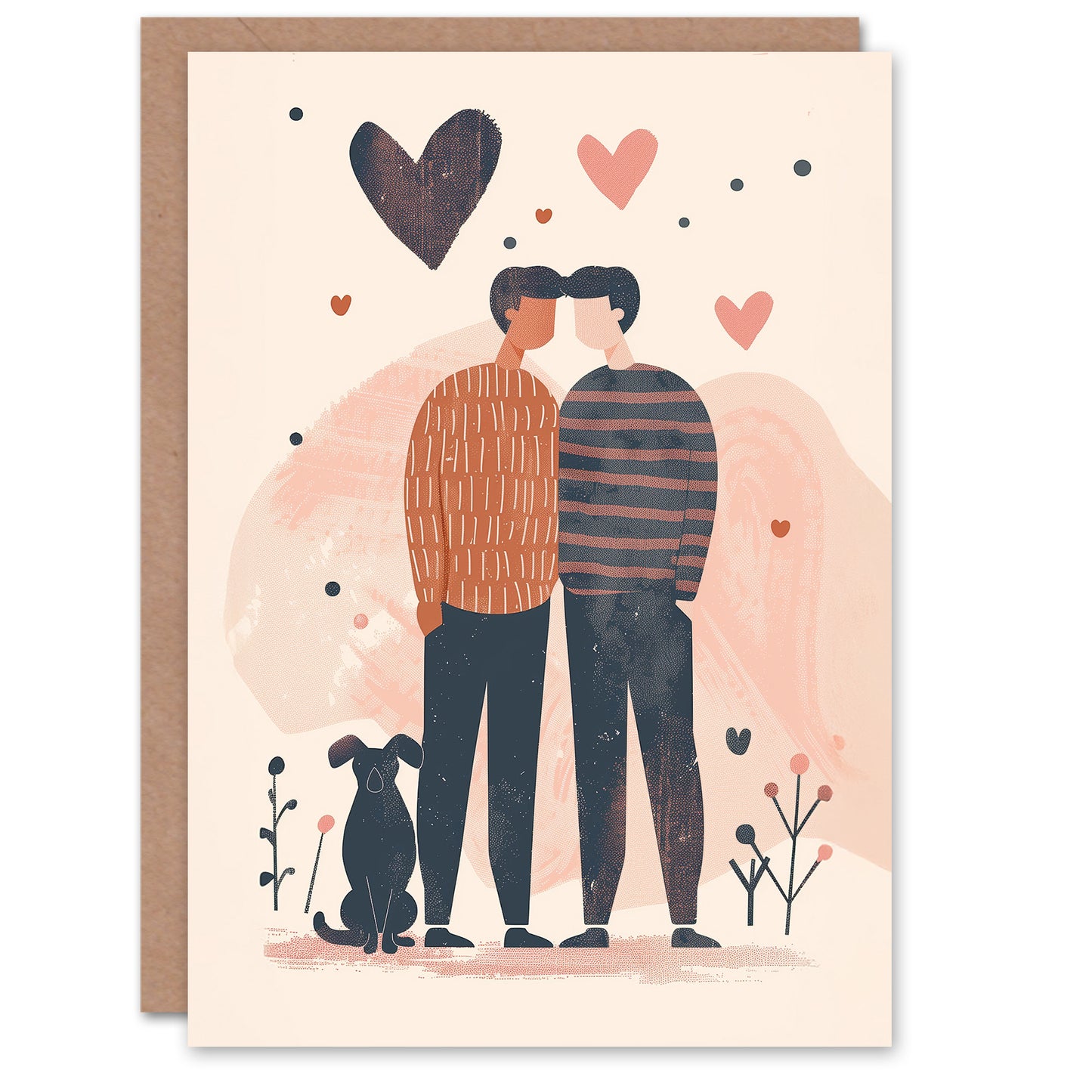 Non Binary Couple With Pet Dog Modern Illustration Valentine's Day Card