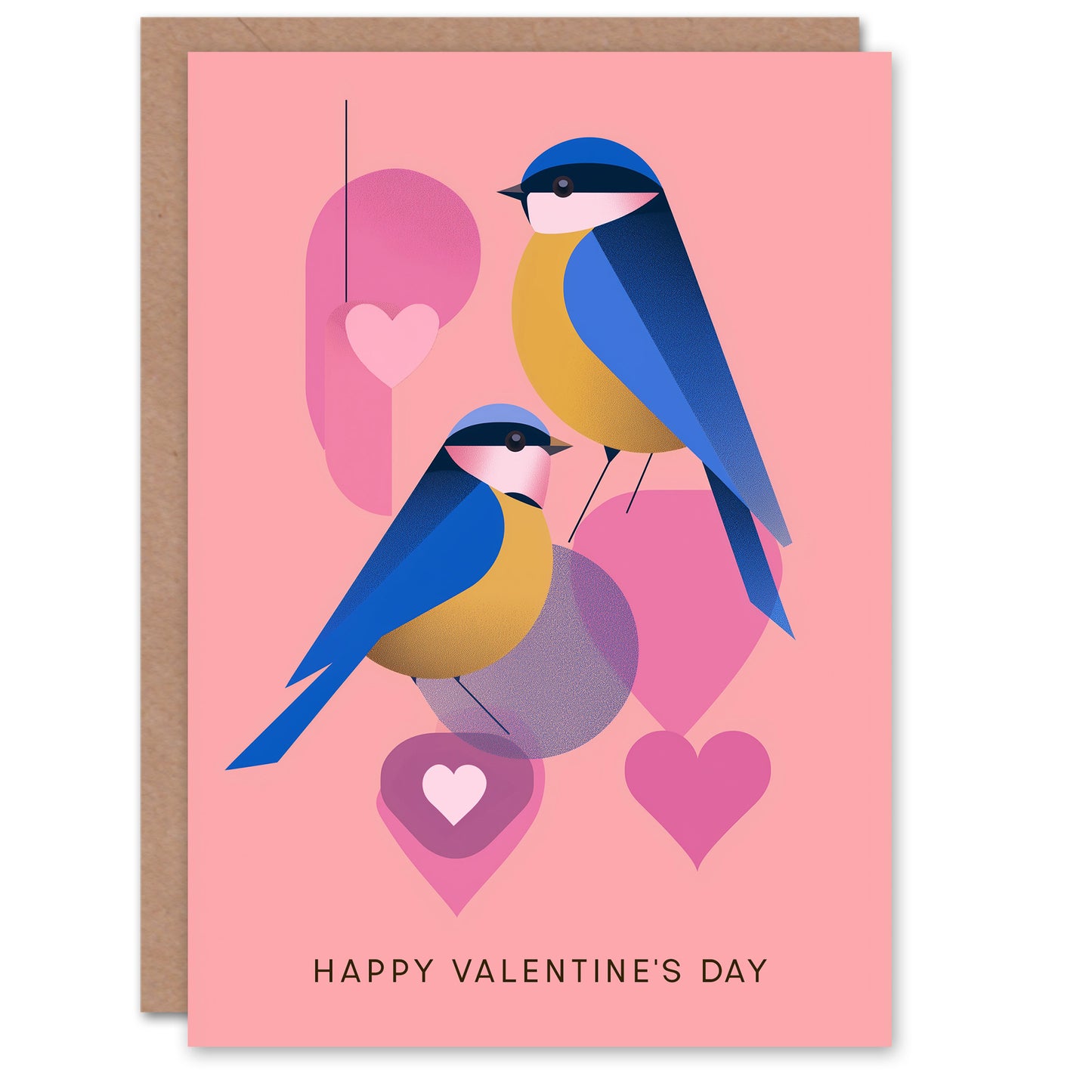 Modern Abstract Blue Tit Birds and Love Hearts Valentine's Day Card