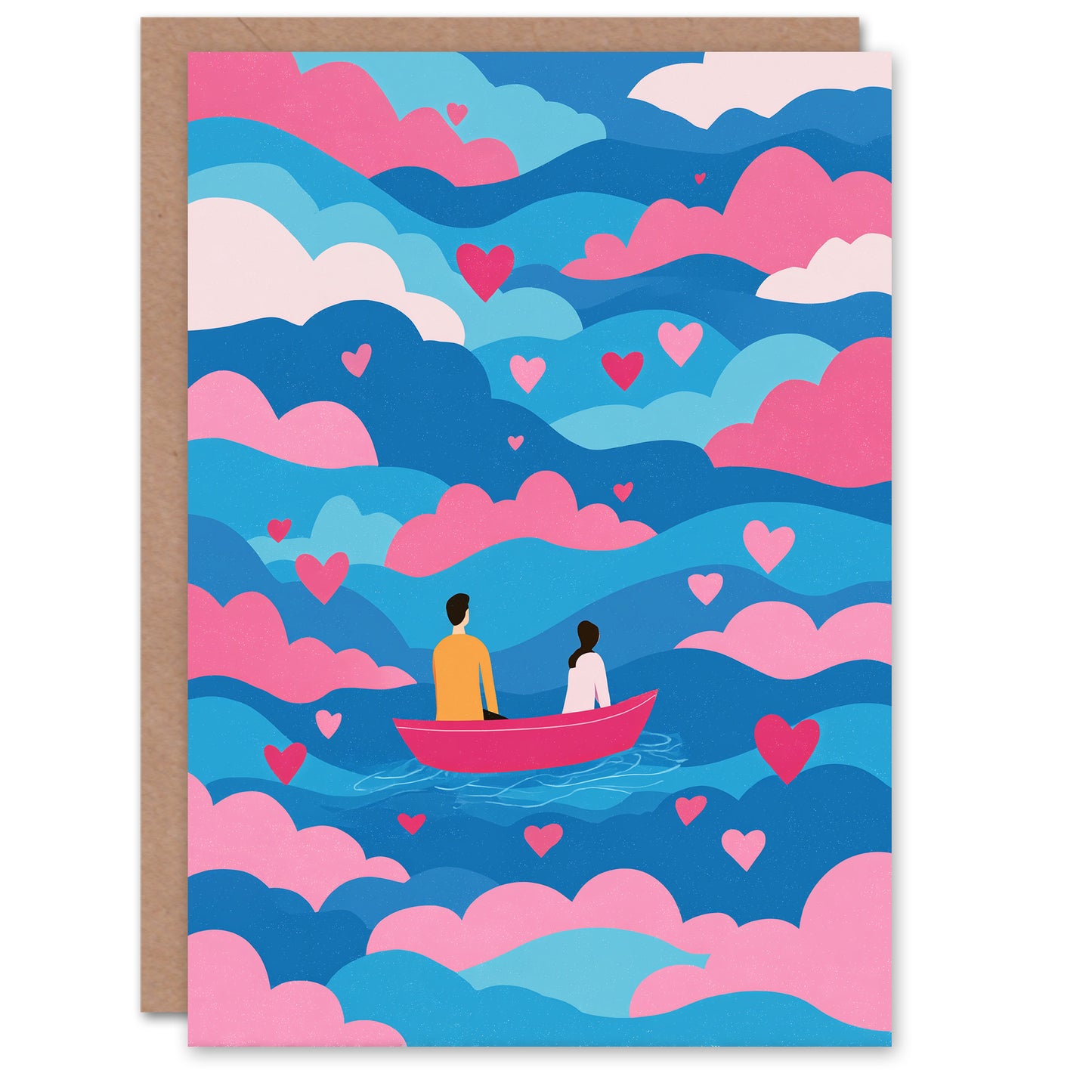 Couple Romantic Boat Ride on Clouds Illustration Valentine's Day Card
