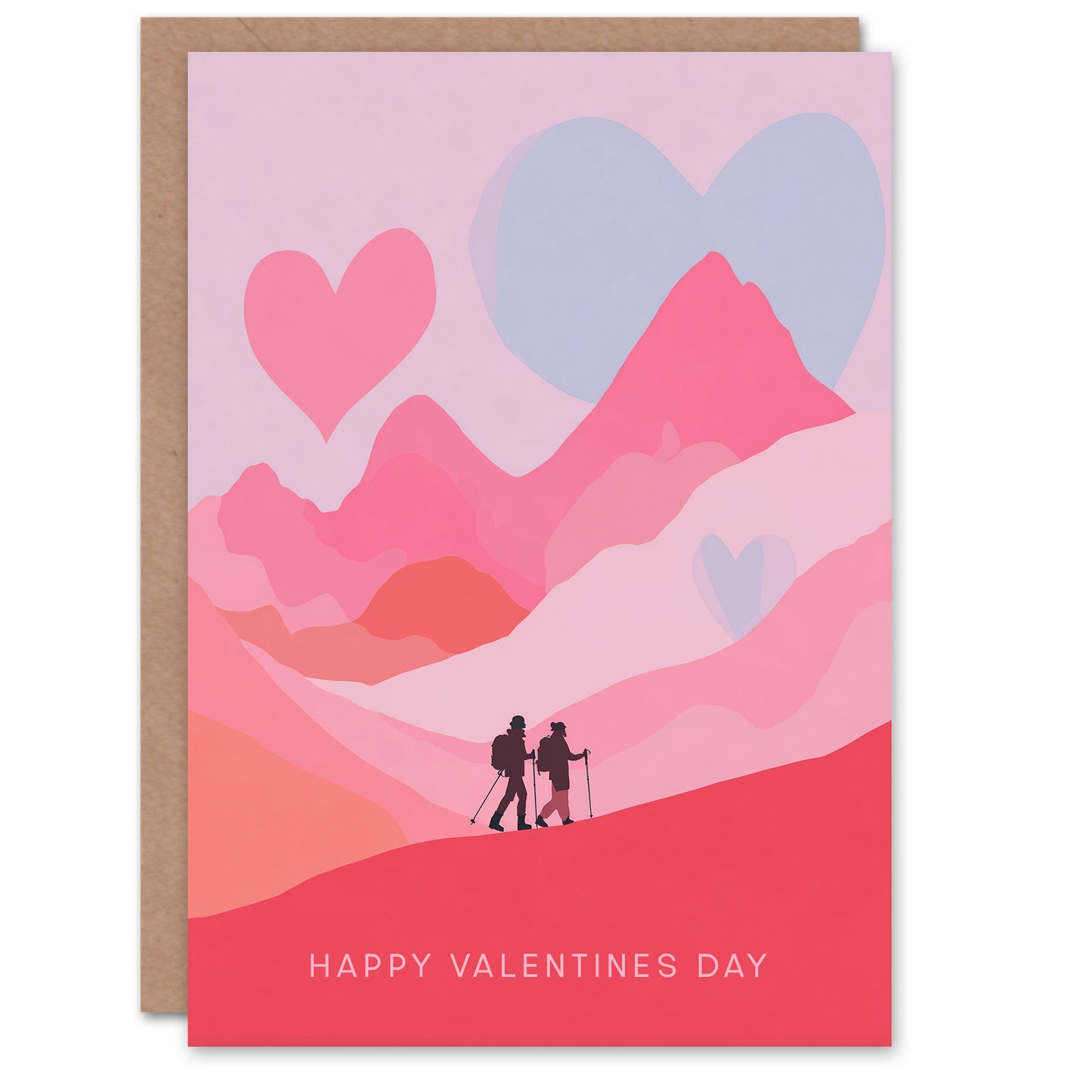 Romantic Pink Mountain Landscape With Two Hikers Valentine's Day Card