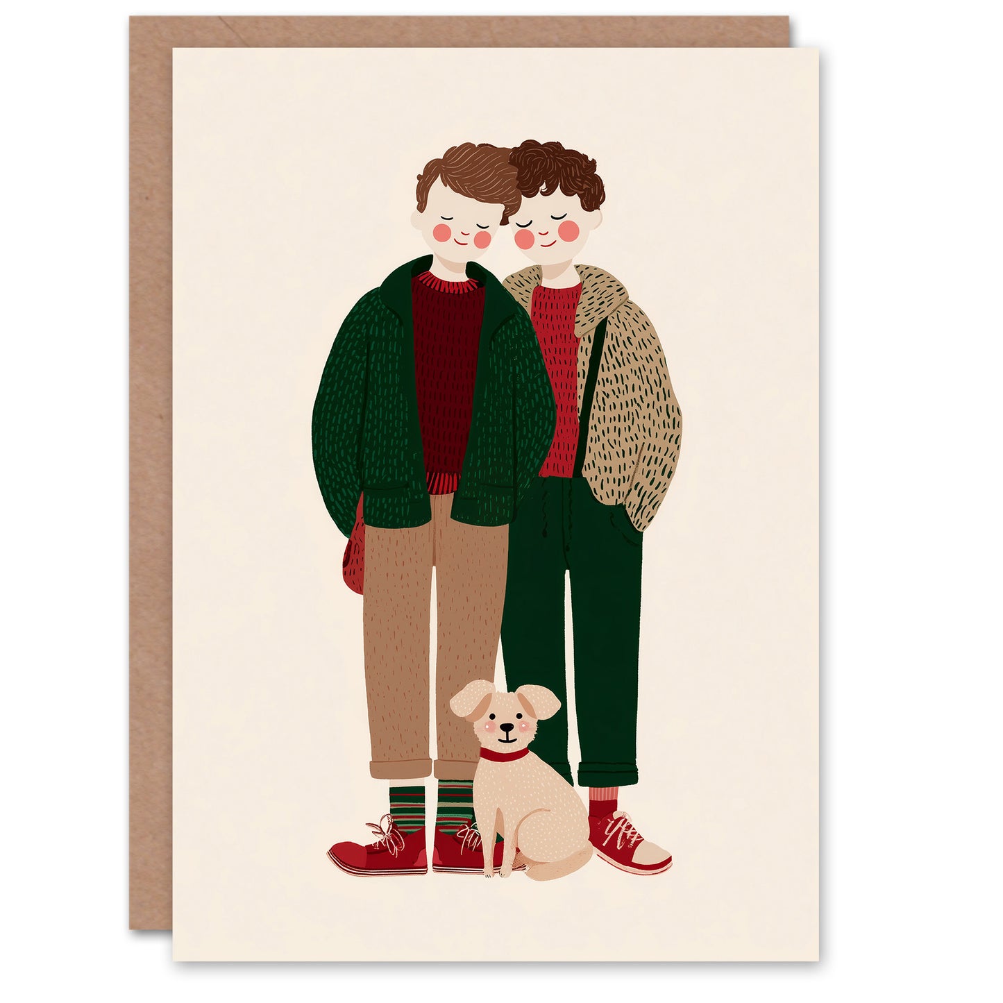 Cute Gay Hipster Couple With Pet Dog Illustration Valentine's Day Card