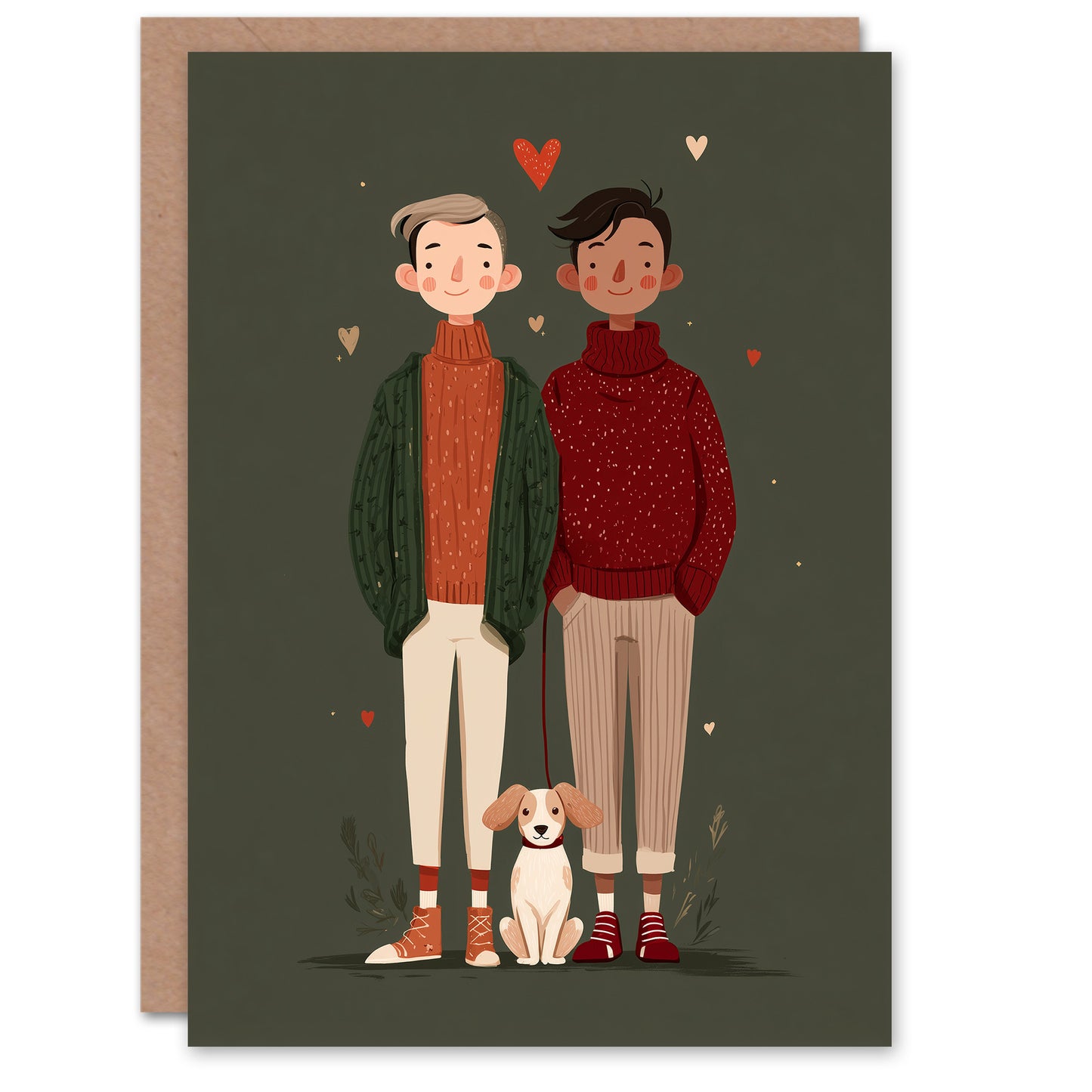 Cute Gay Couple With Pet Dog Modern Illustration Valentine's Day Card