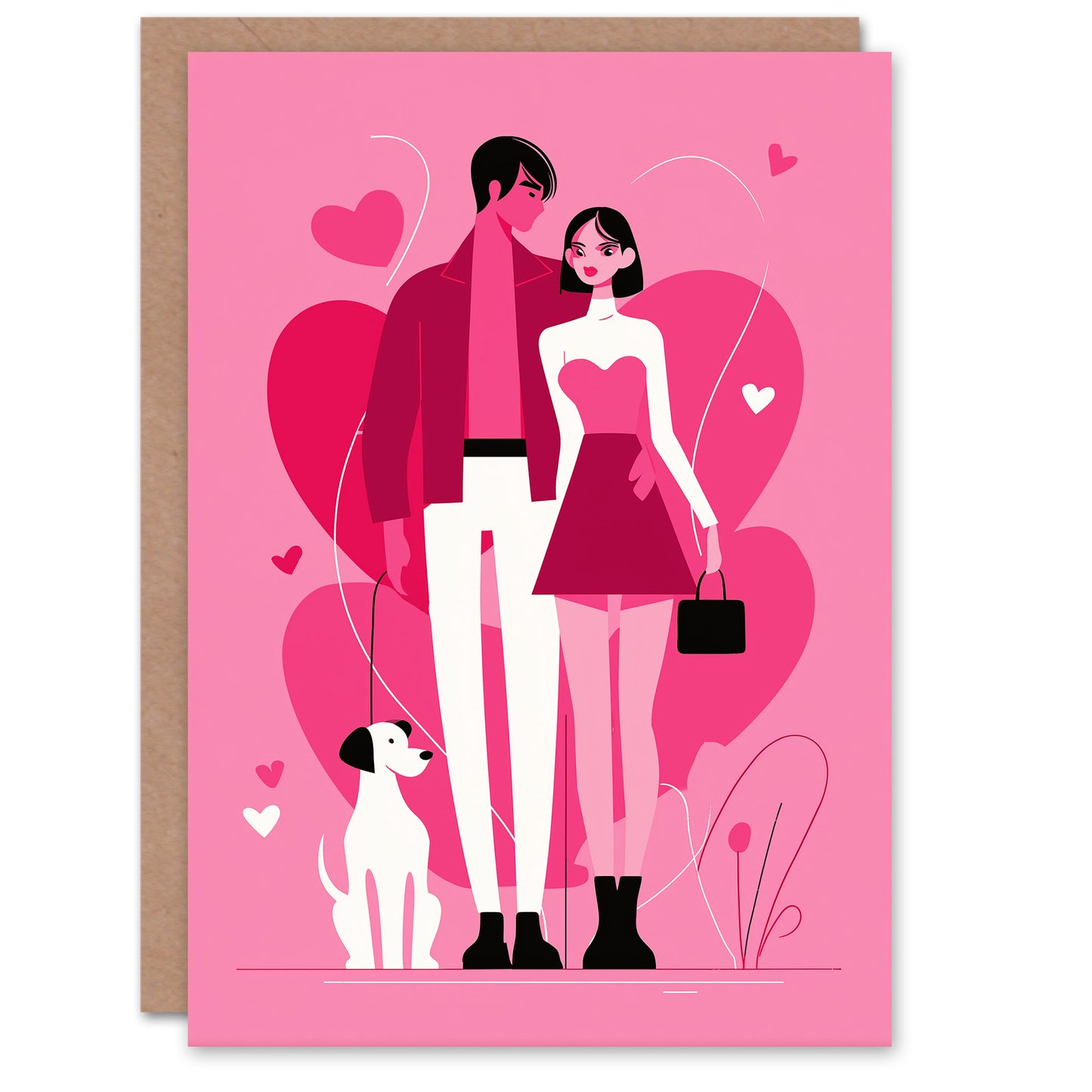 Couple On Romantic Walk With Dog Bold Modern Pink Valentine's Day Card