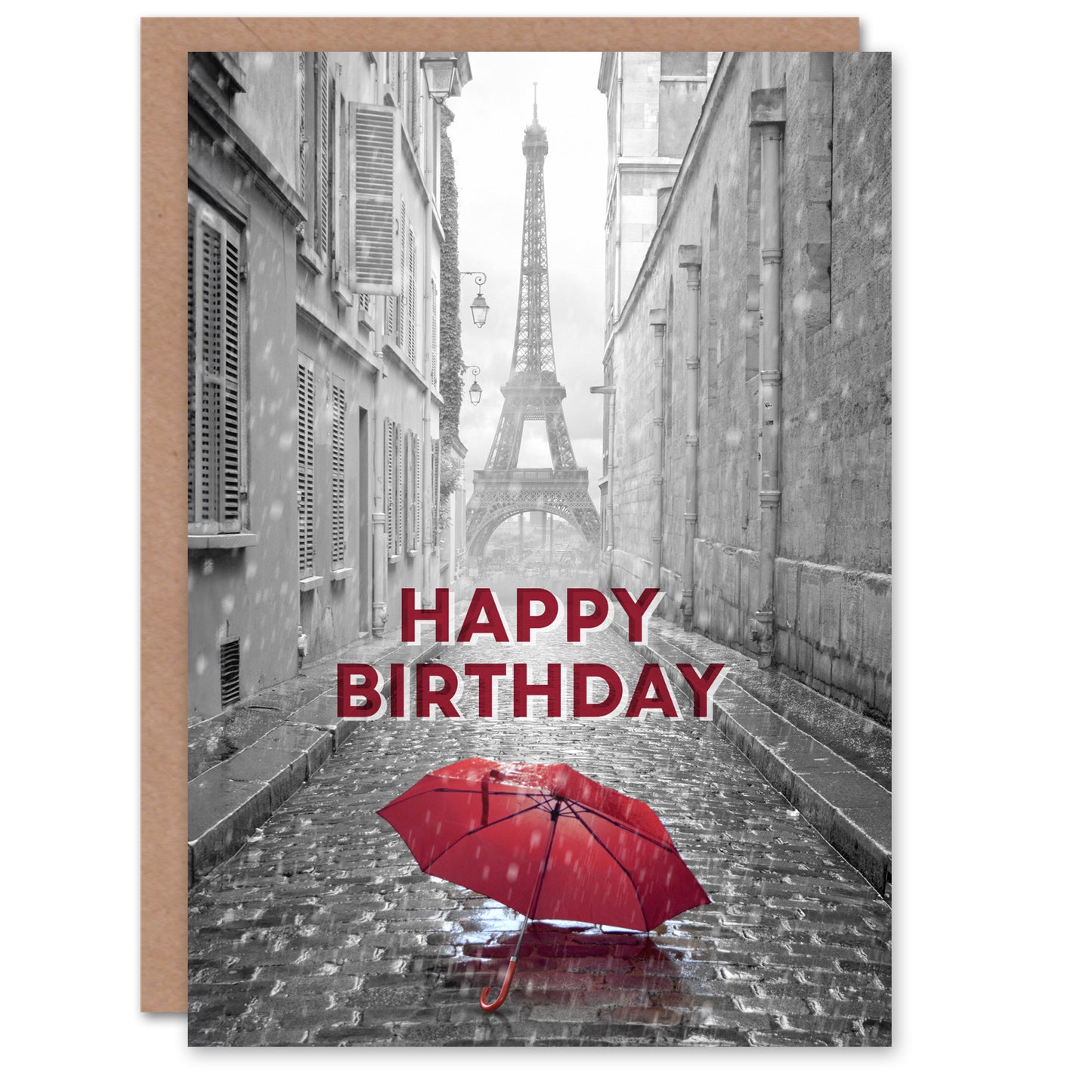 Happy Birthday Paris Eiffel Tower and Red Umbrella Birthday Card
