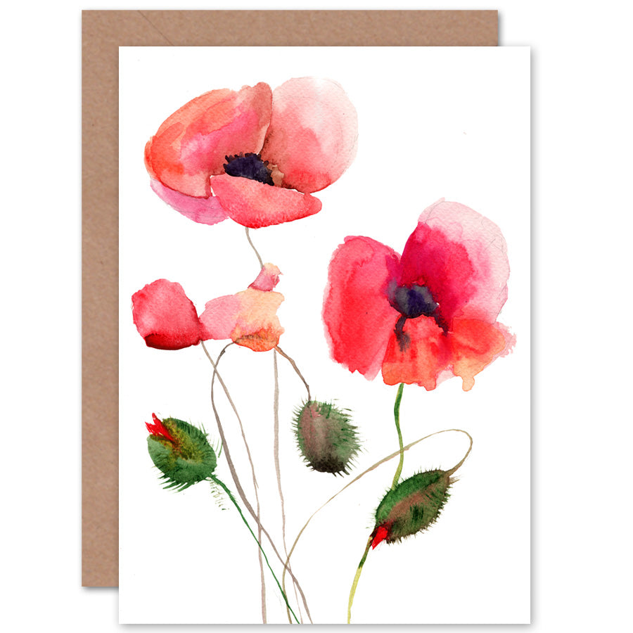 Flower Poppies Watercolour Greeting Card