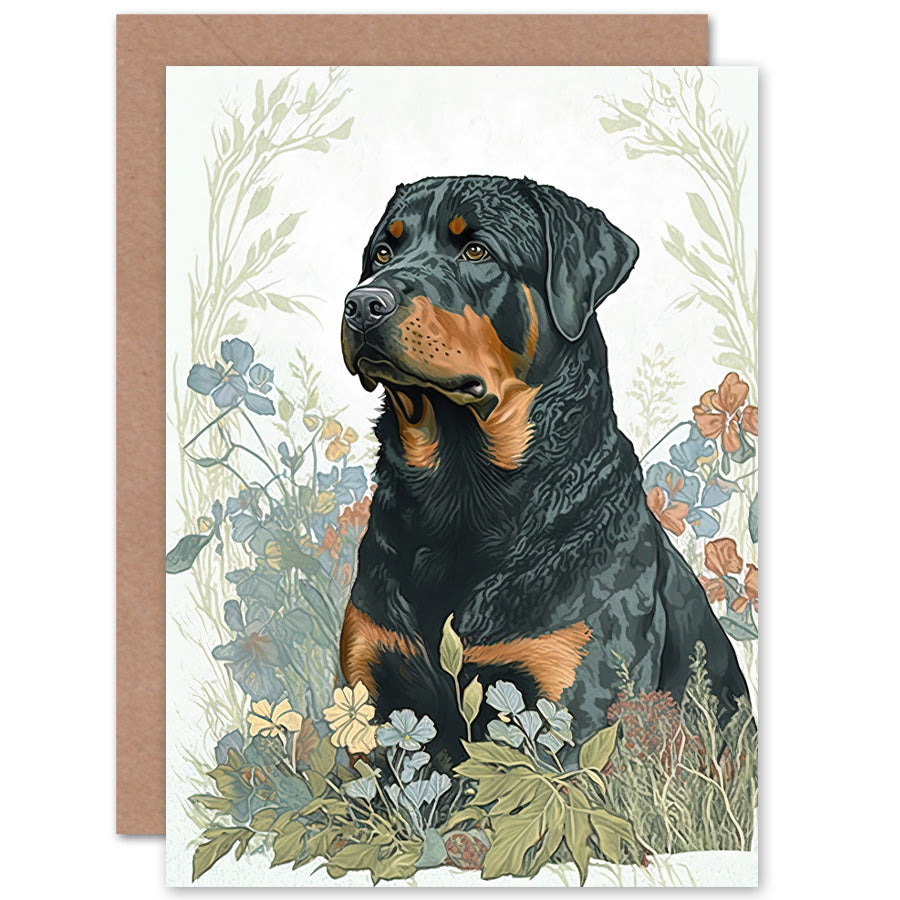 Rottweiler Dog Sitting In Flower Field Modern Watercolour Illustration Art Greeting Card