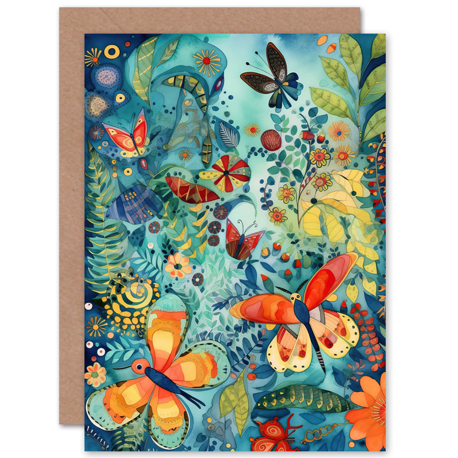 Butterfly Insects In Flower Field Modern Folk Art Nature Greeting Card