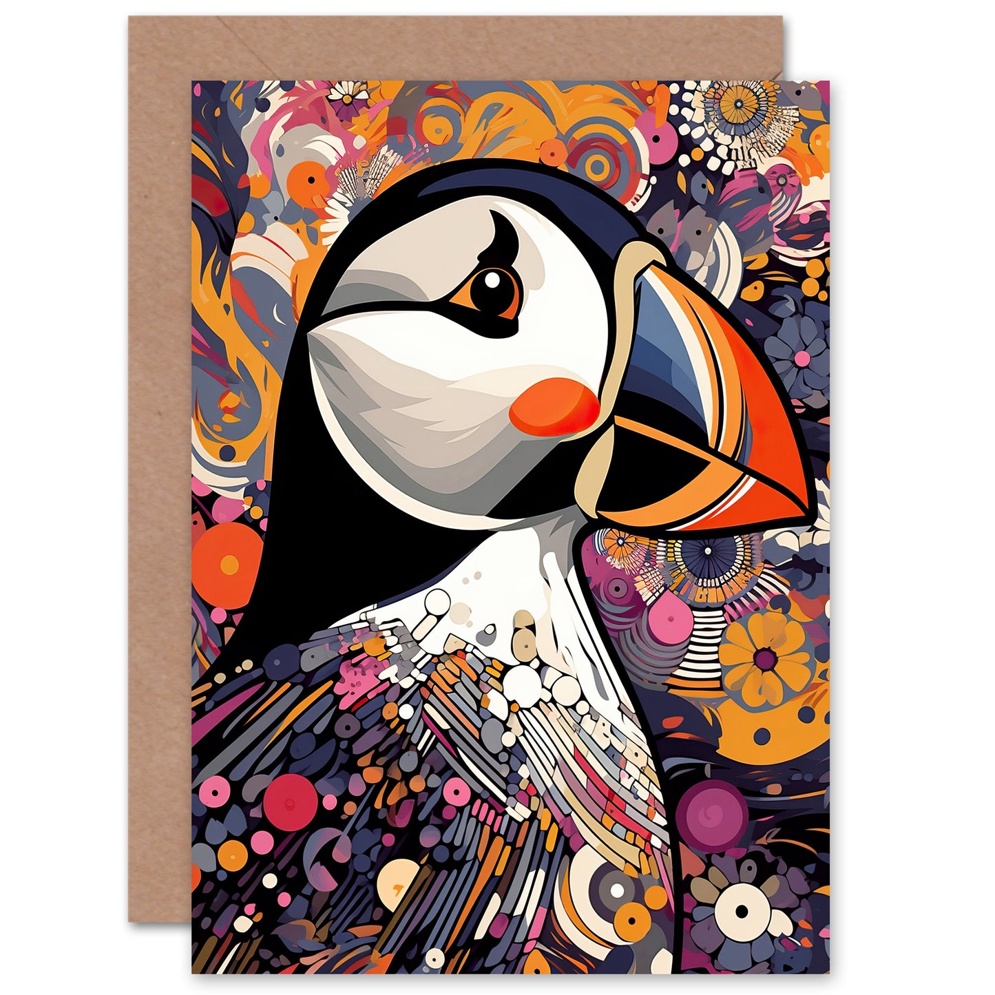 Puffin Portrait Bird Lover Geometric Maximalist Art Greeting Card