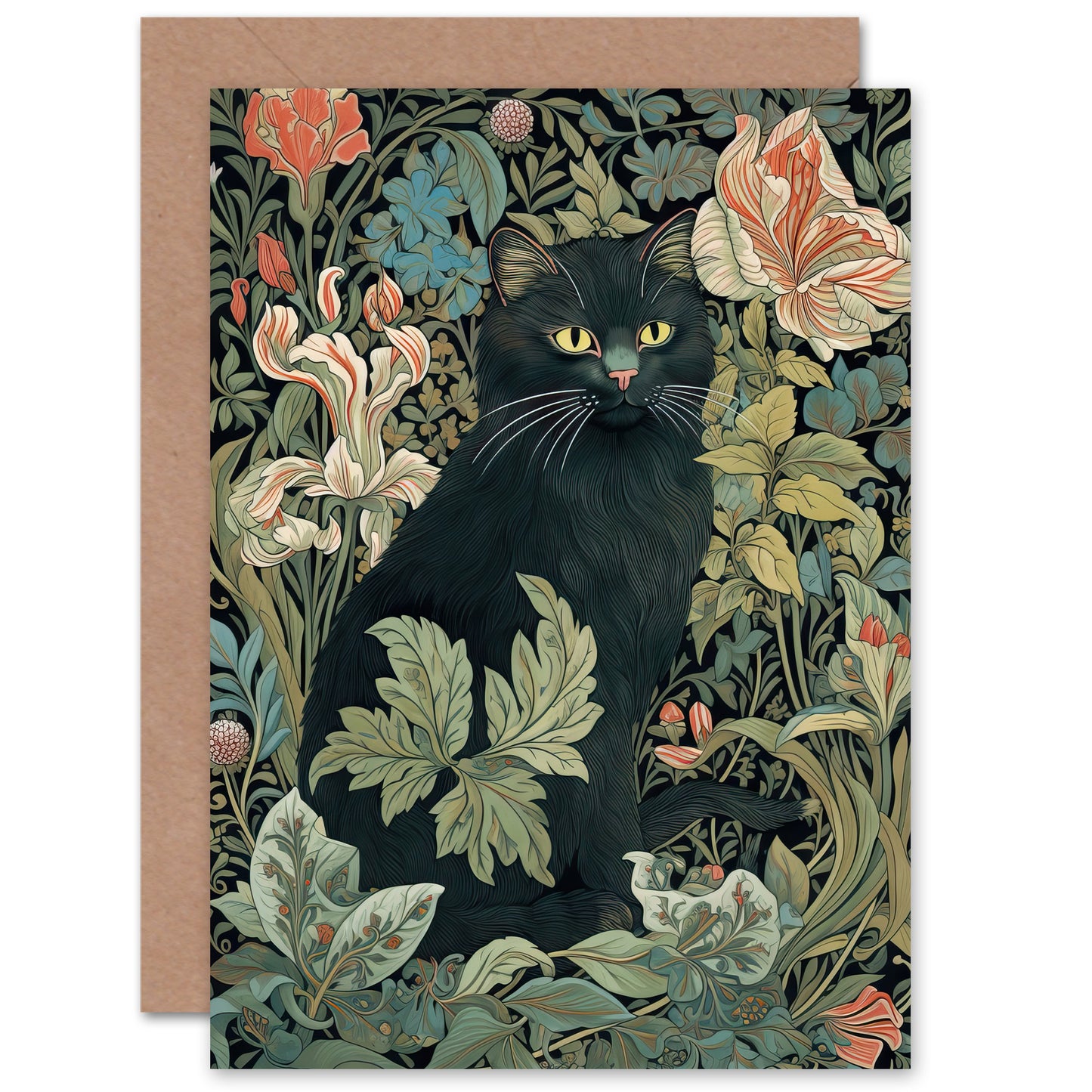 Black Cat Flowers Art Nouveau Style Art Greeting Card