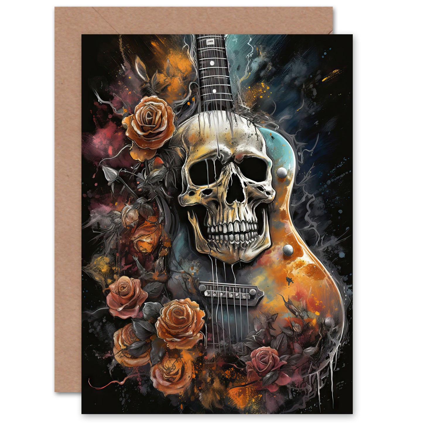 Guitar With Roses And Skull Thrash Metal Gothic Art Greeting Card
