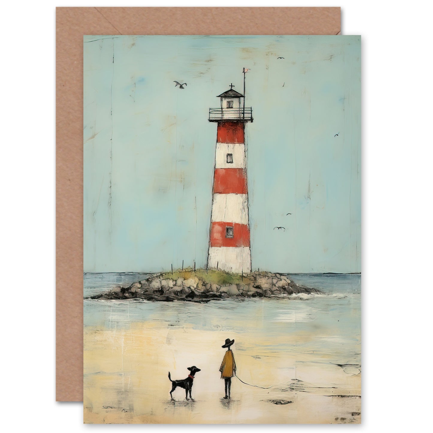 Lighthouse Boy And Pet Dog Beach Walk Art Greeting Card