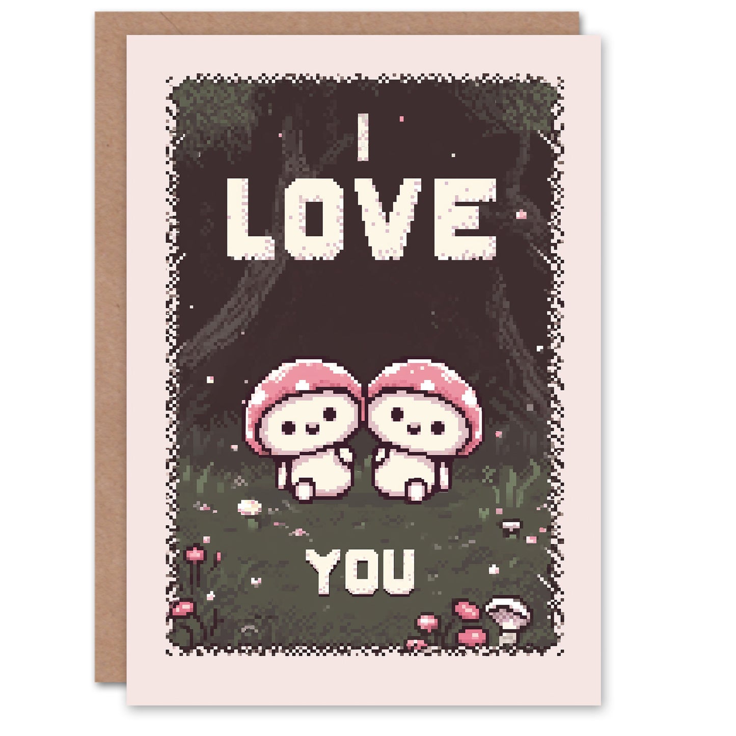 Pixel Art I Love You Mushrooms Cute Gamer Romantic Card