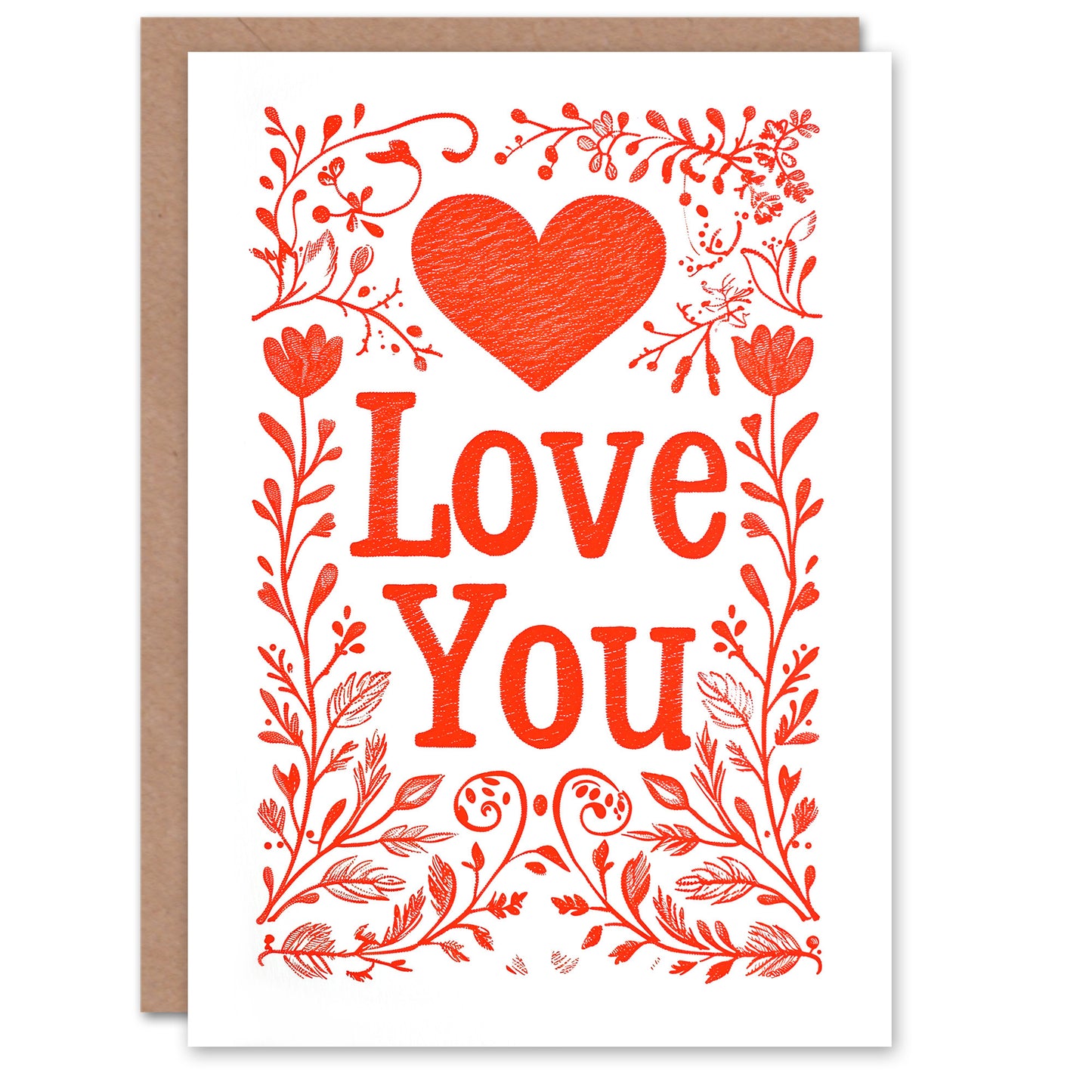 Floral Love You Heart Red Letterpress Romantic Card