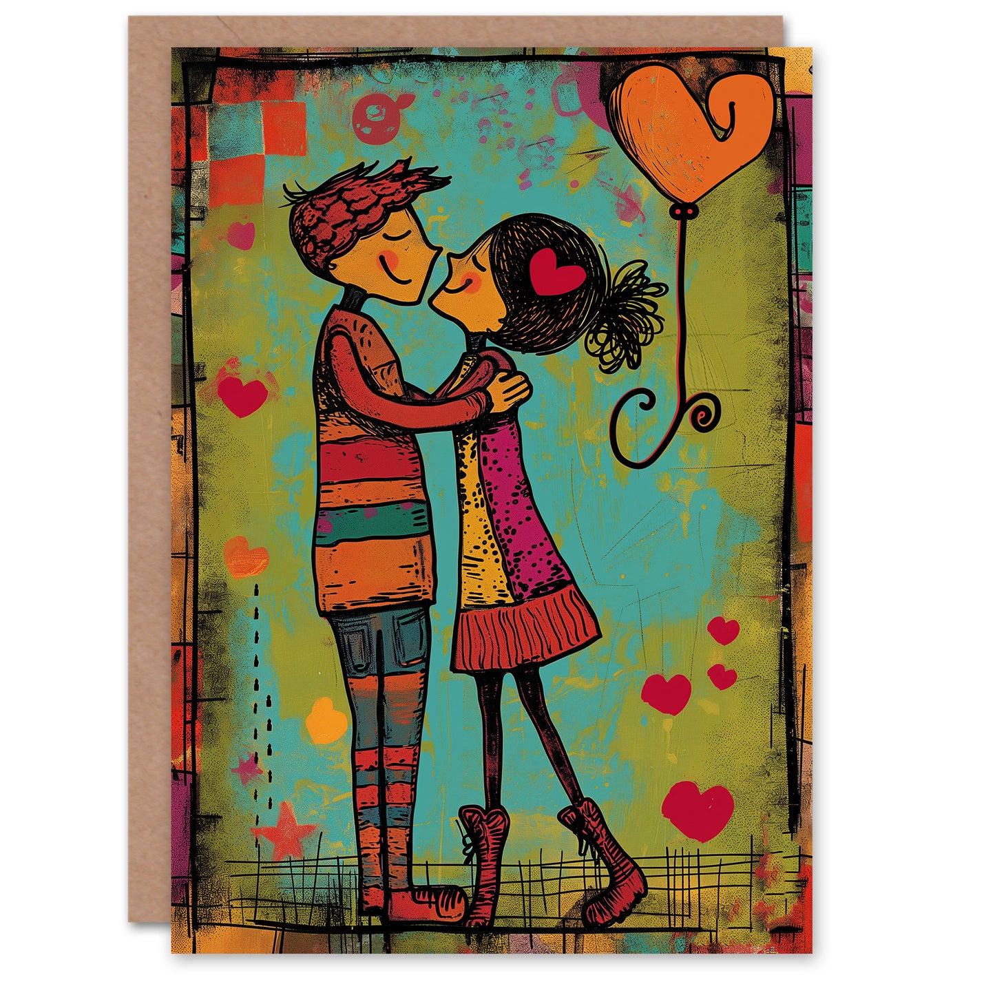 Young Couple Dance Kiss Illustration Romantic Card