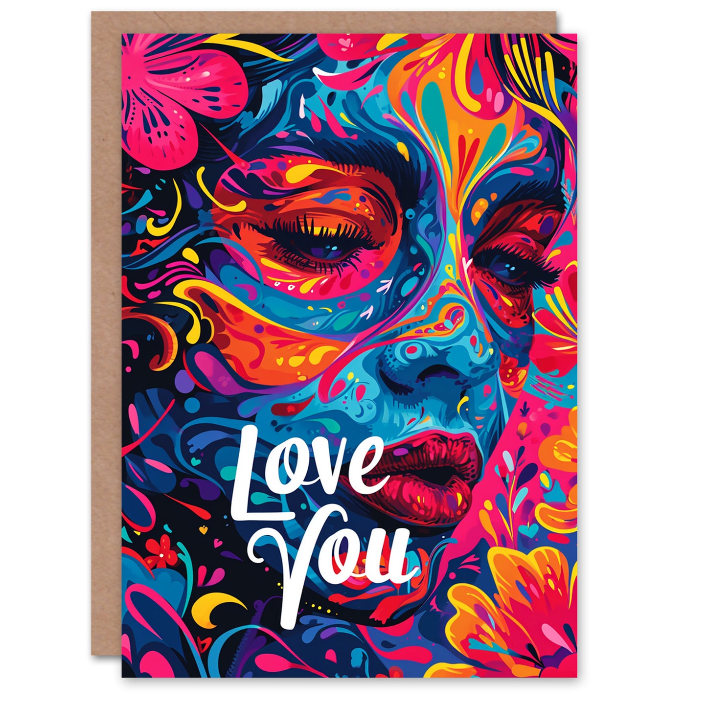 Love You Neon Floral Sugar Skull Romantic Card