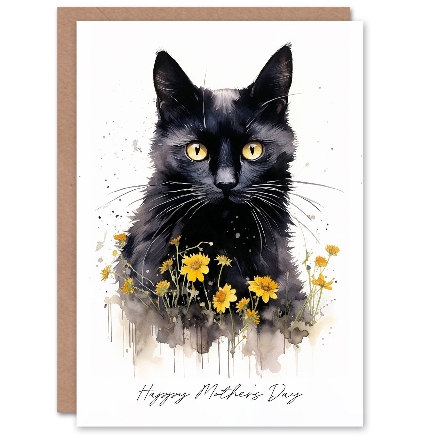 Mother's Day Card Black Cat Lover Yellow Flowers For Mum