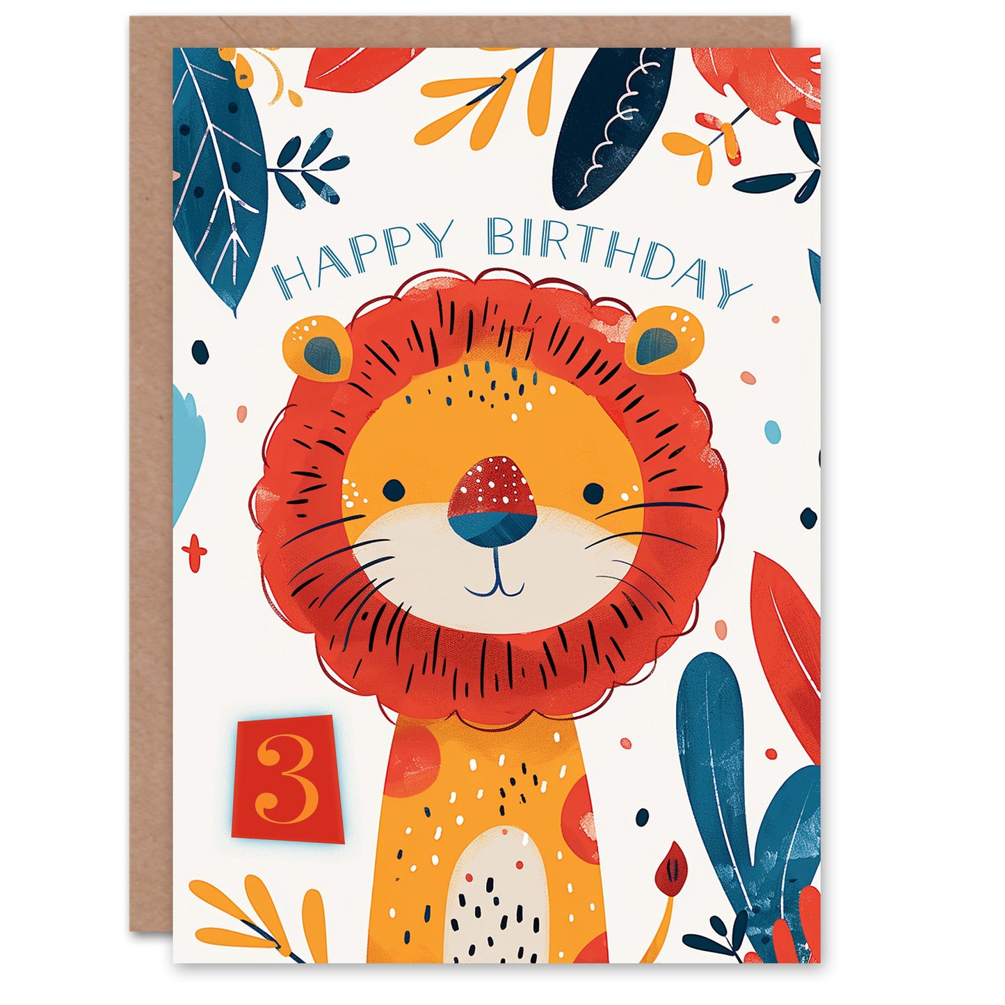 Cute Jungle Lion Bright Cartoon Drawing Kids Birthday Card