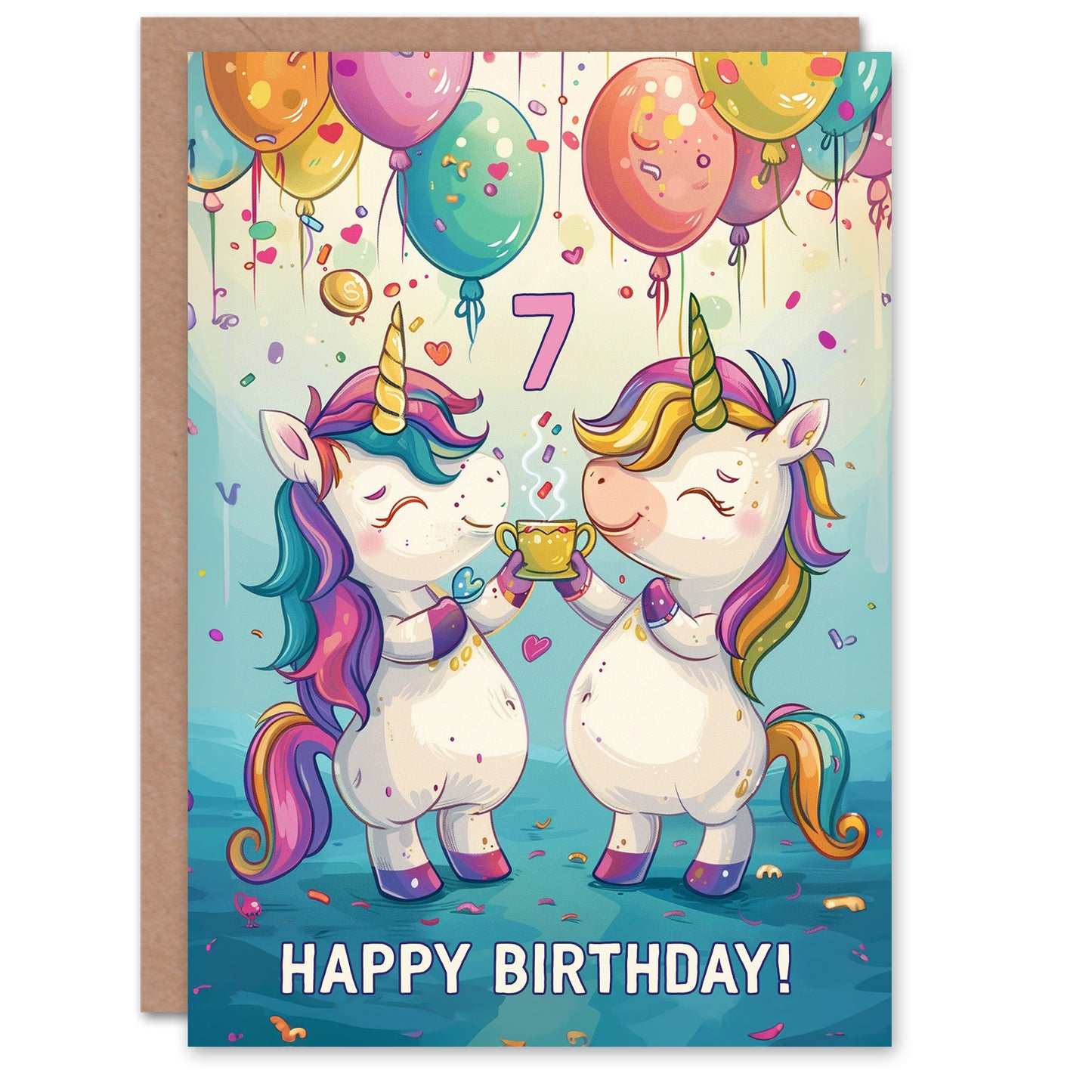Rainbow Unicorn Party Balloons Cartoon Cute Kids Birthday Card